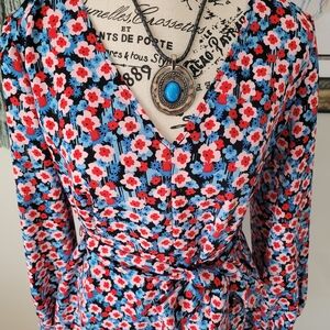 Vibrant Floral Wrap Dress with Blue Detail